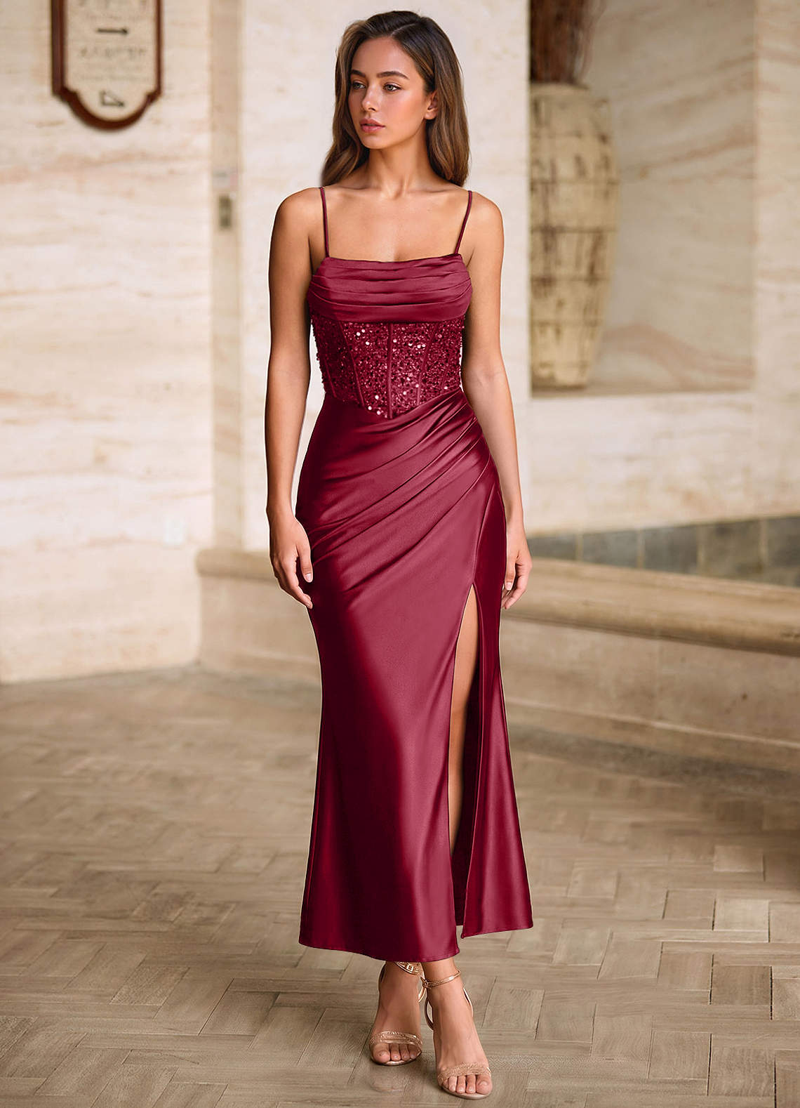 Viviannella Mermaid Square-Neck Stretch Satin Prom Dress in Burgundy