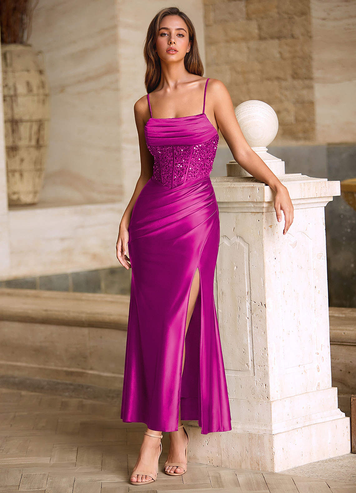 Viviannella Mermaid Square-Neck Stretch Satin Prom Dress in Magenta
