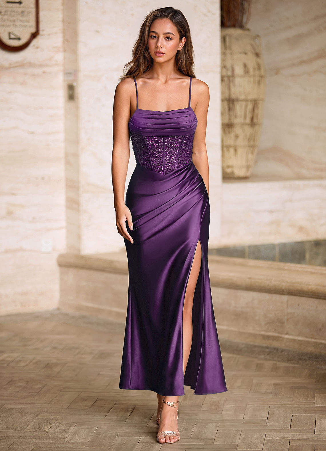 Viviannella Mermaid Square-Neck Stretch Satin Prom Dress in black
