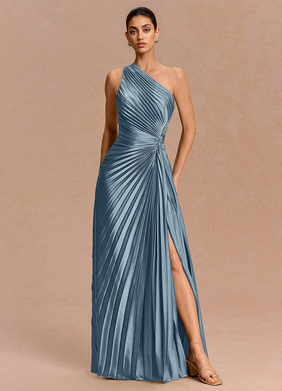 Zelie A-Line Sunburst-Pleated Stretch Satin Evening Dress in Dusty Blue
