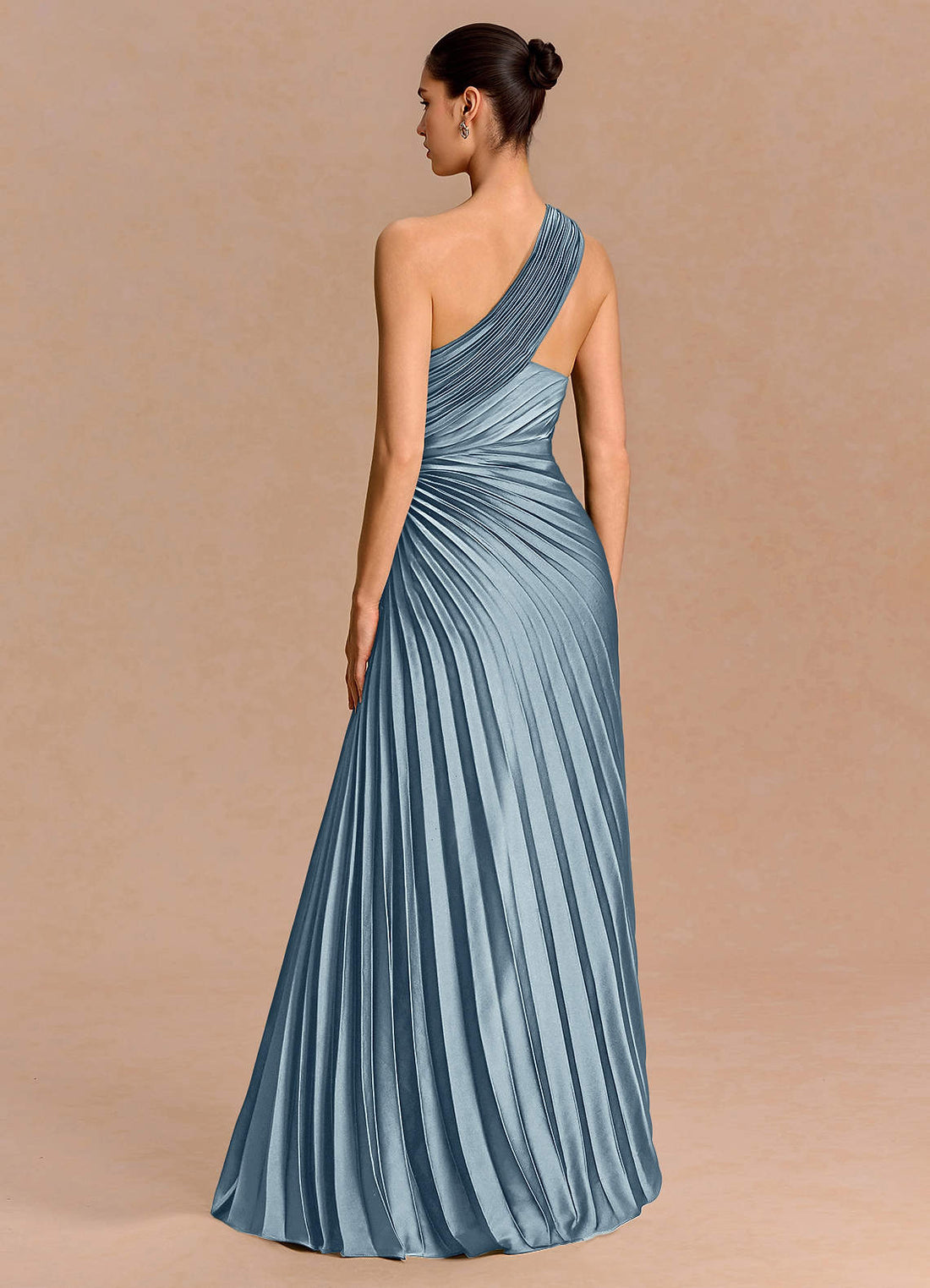 Zelie A-Line Sunburst-Pleated Stretch Satin Evening Dress in Dusty Blue