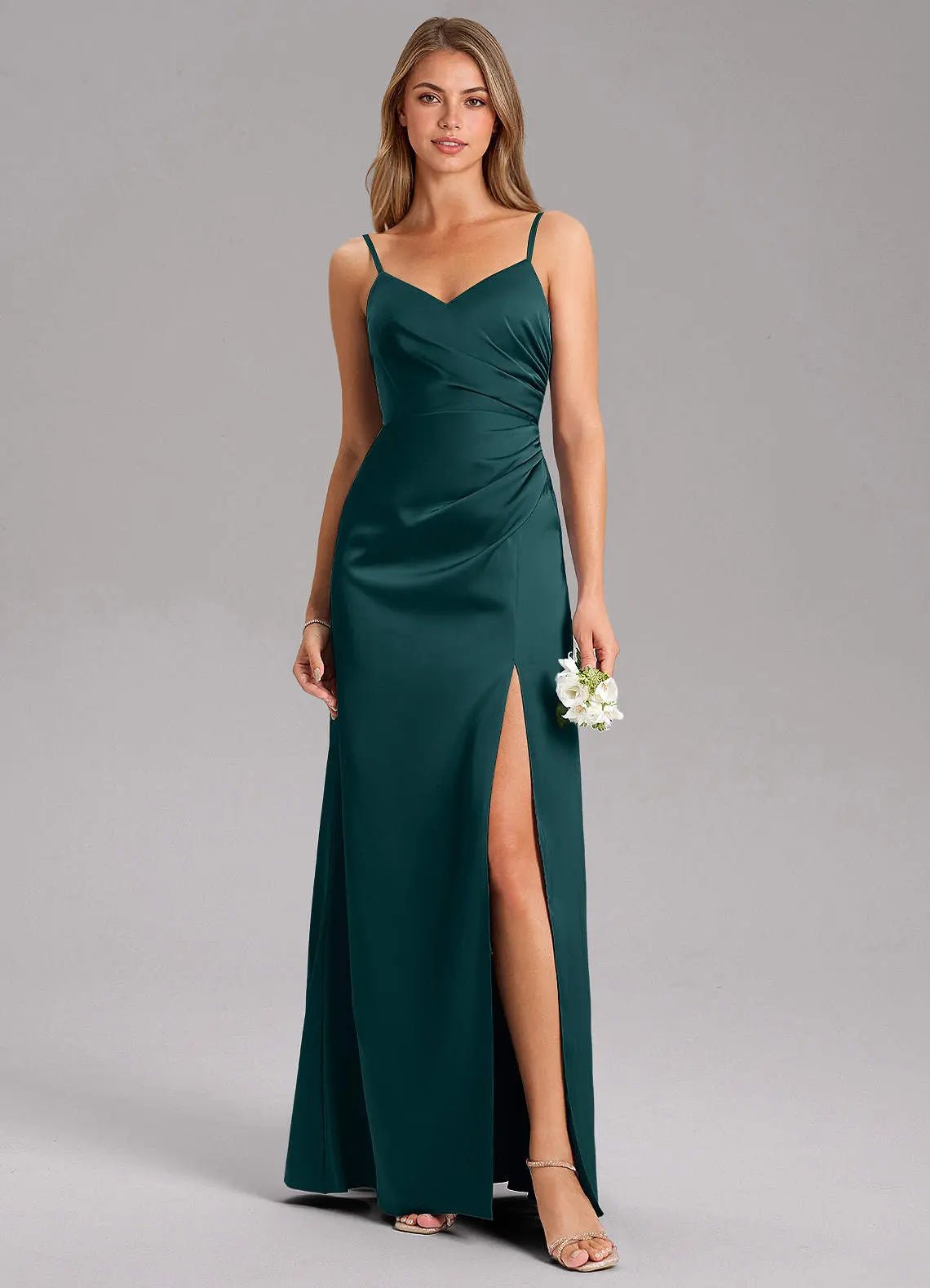 Azuree A-Line V-Neck Stretch Satin Bridesmaid Dress in Pine