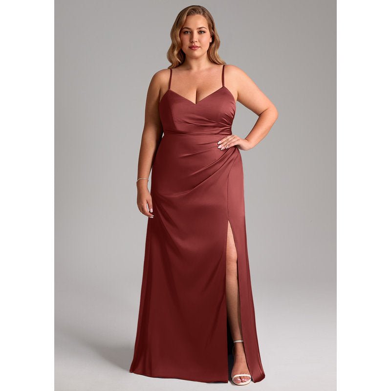 Waverly A-Line V-Neck Stretch Satin Bridesmaid Dress in Terracotta - gallery 2