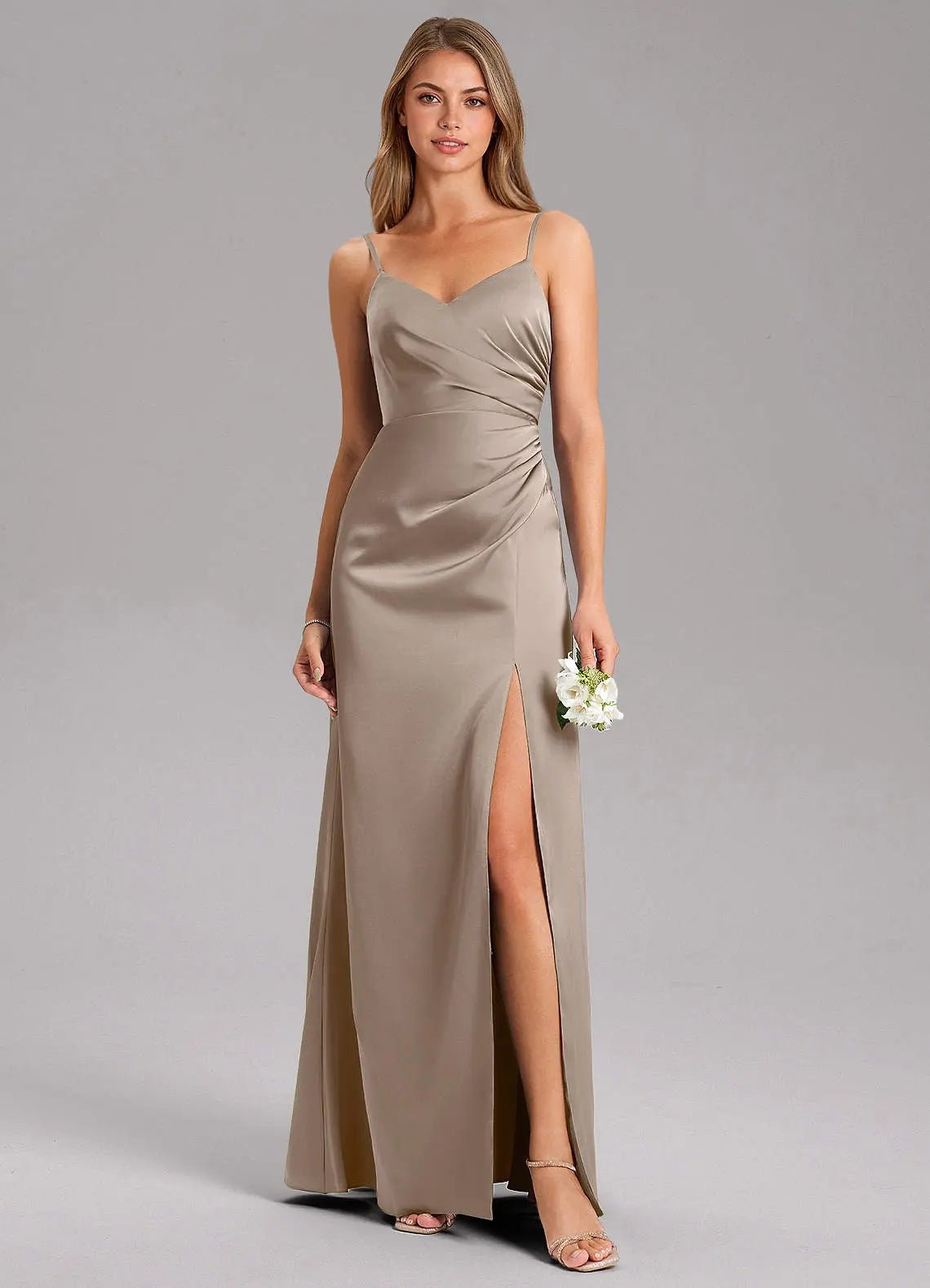 Azuree A-Line V-Neck Stretch Satin Bridesmaid Dress in Taupe