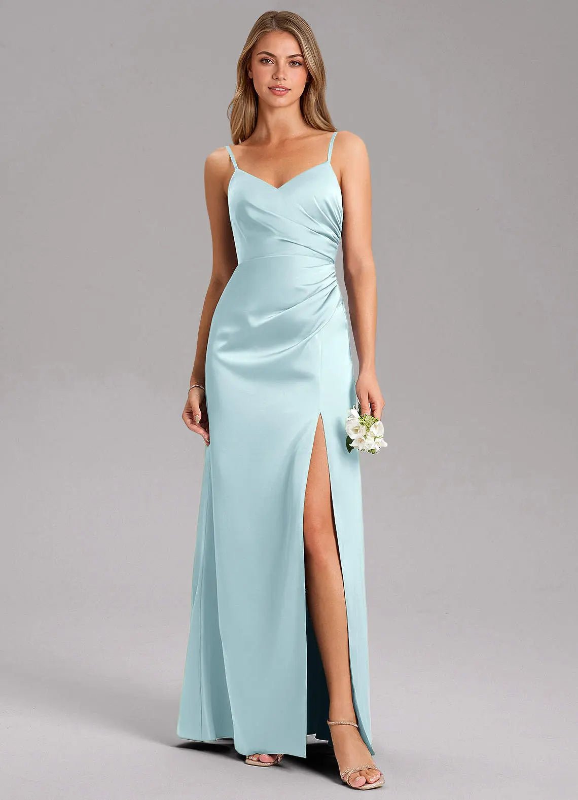 Azuree A-Line V-Neck Stretch Satin Bridesmaid Dress in Cloud Blue