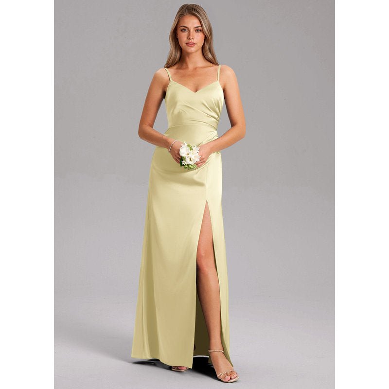 Waverly A-Line V-Neck Stretch Satin Bridesmaid Dress in Lemon Sorbet - gallery 2