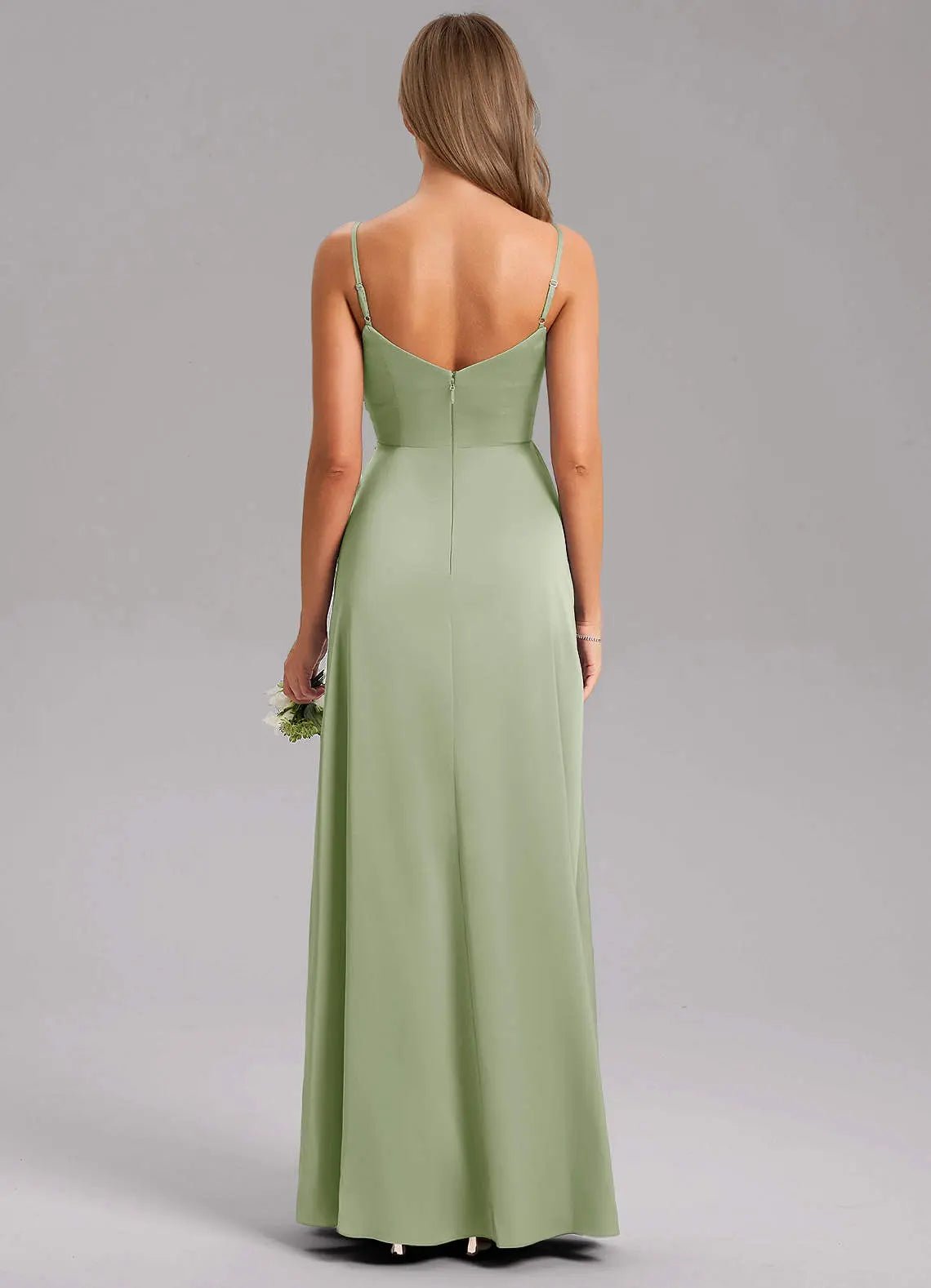 Azuree A-Line V-Neck Stretch Satin Bridesmaid Dress in Dusty Sage