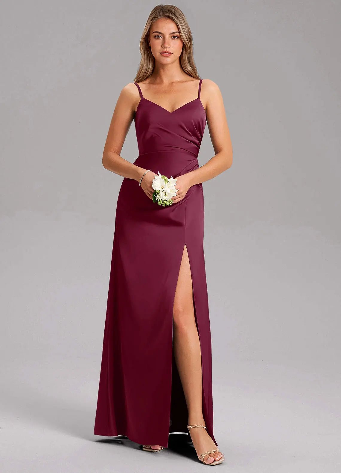 Azuree A-Line V-Neck Stretch Satin Bridesmaid Dress in Mulberry