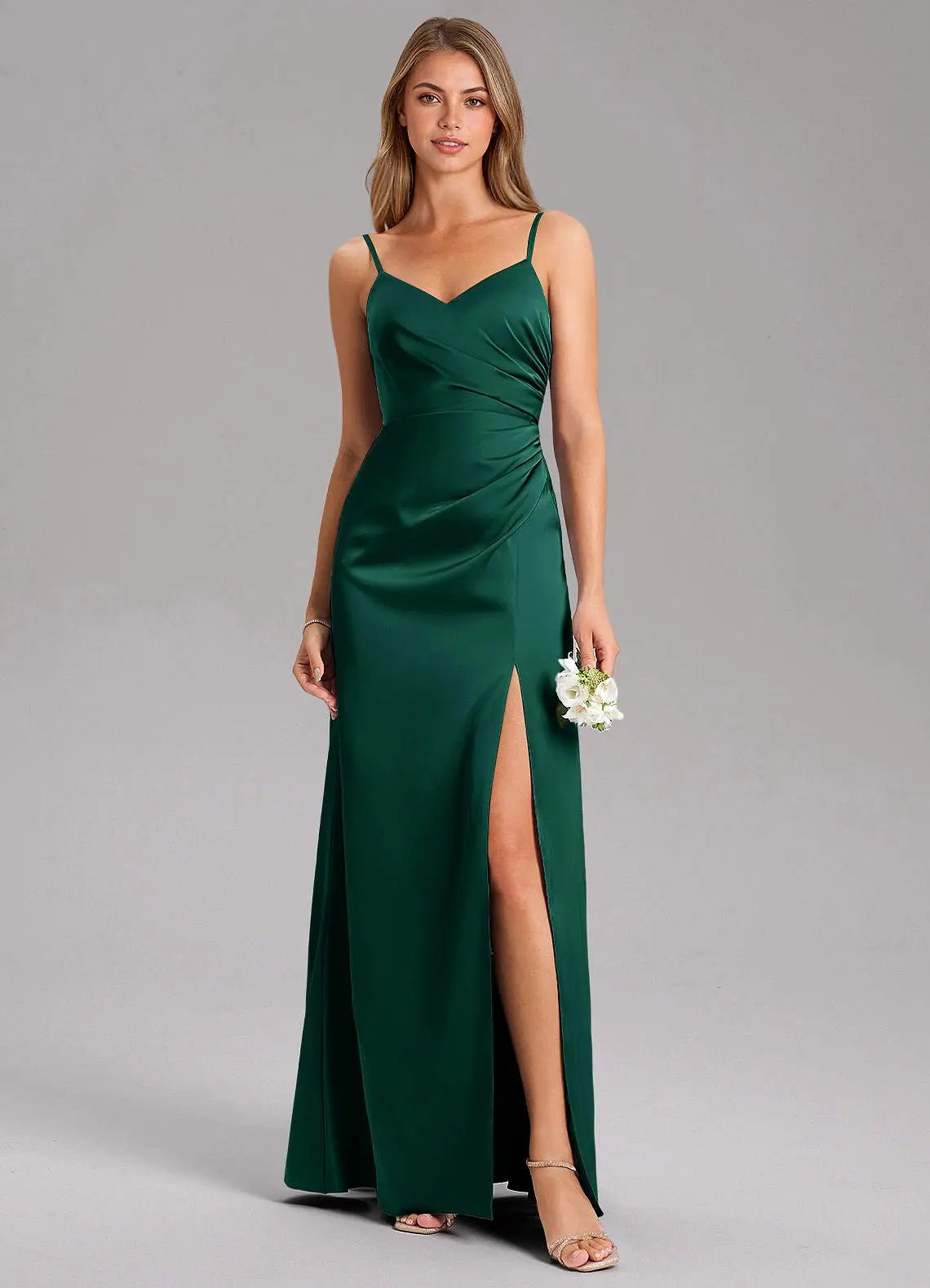 Azuree A-Line V-Neck Stretch Satin Bridesmaid Dress in Emerald