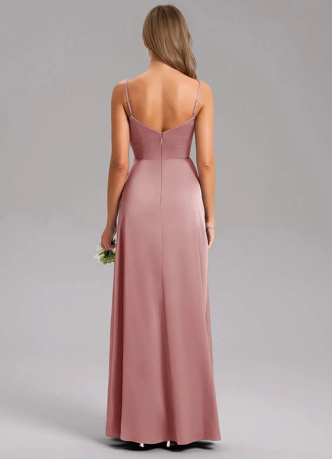 Azuree A-Line V-Neck Stretch Satin Bridesmaid Dress in dusty rose