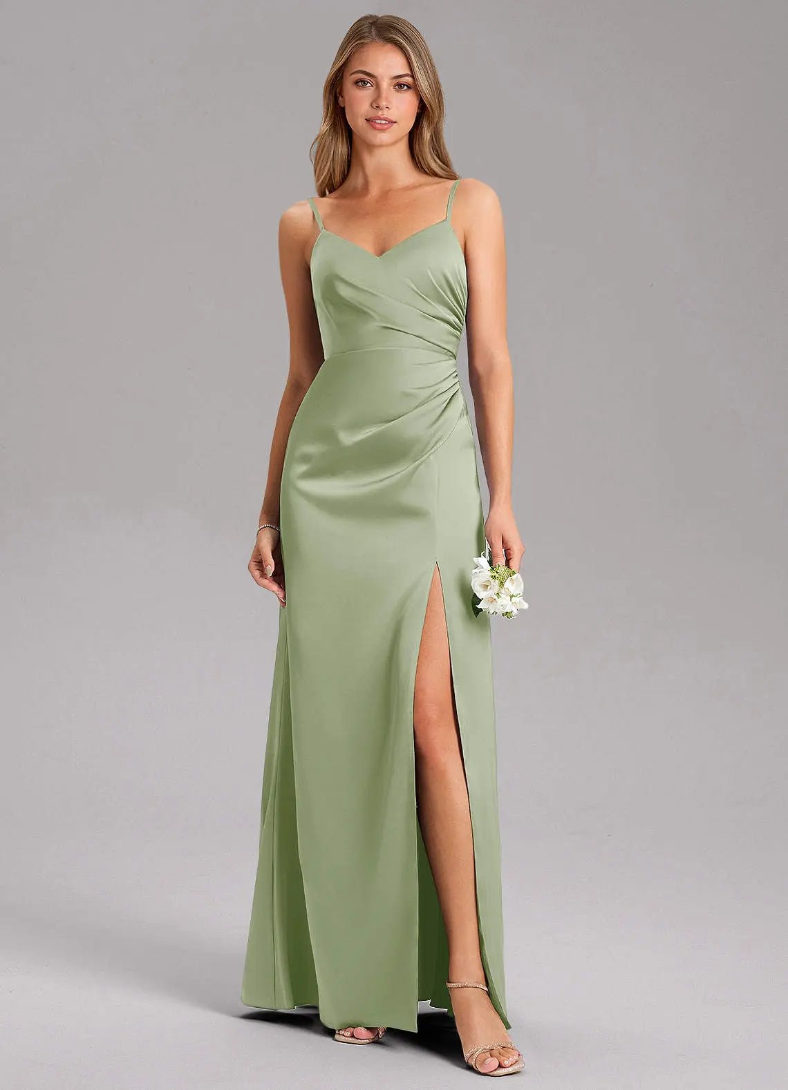 Azuree A-Line V-Neck Stretch Satin Bridesmaid Dress in Dusty Sage