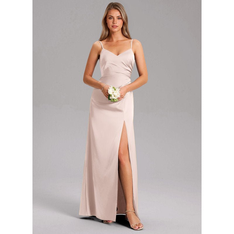 Waverly A-Line V-Neck Stretch Satin Bridesmaid Dress in Blushing Pink - gallery 2