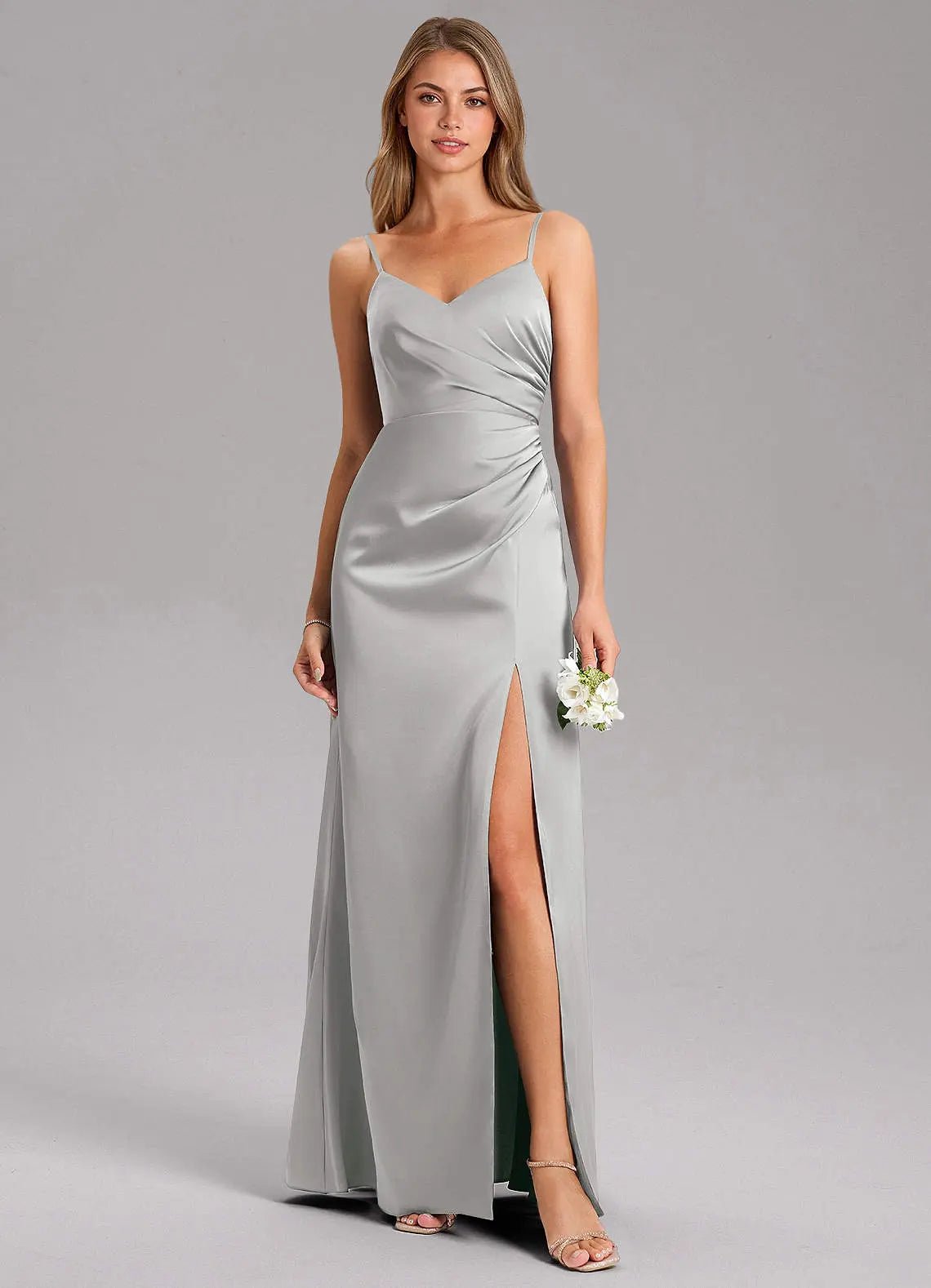 Azuree A-Line V-Neck Stretch Satin Bridesmaid Dress in Silver