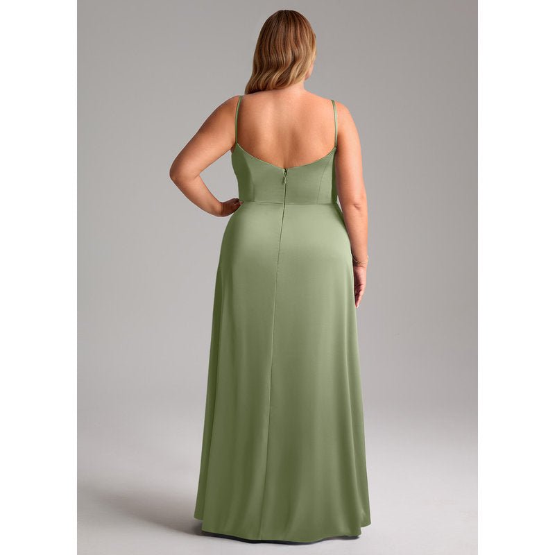 Waverly A-Line V-Neck Stretch Satin Bridesmaid Dress in Pistachio - gallery 1