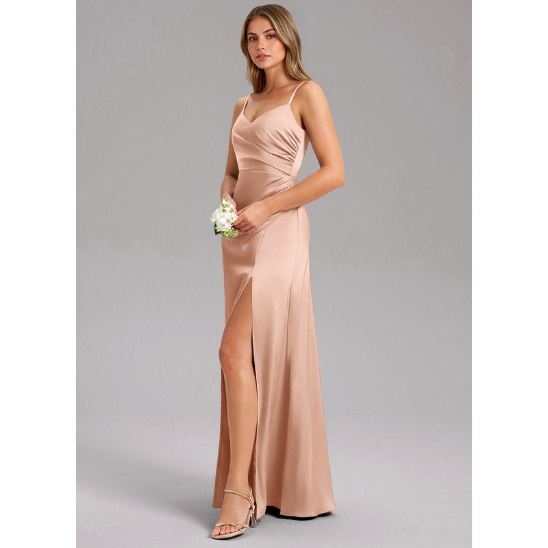 Waverly A-Line V-Neck Stretch Satin Bridesmaid Dress in rose gold - gallery 3