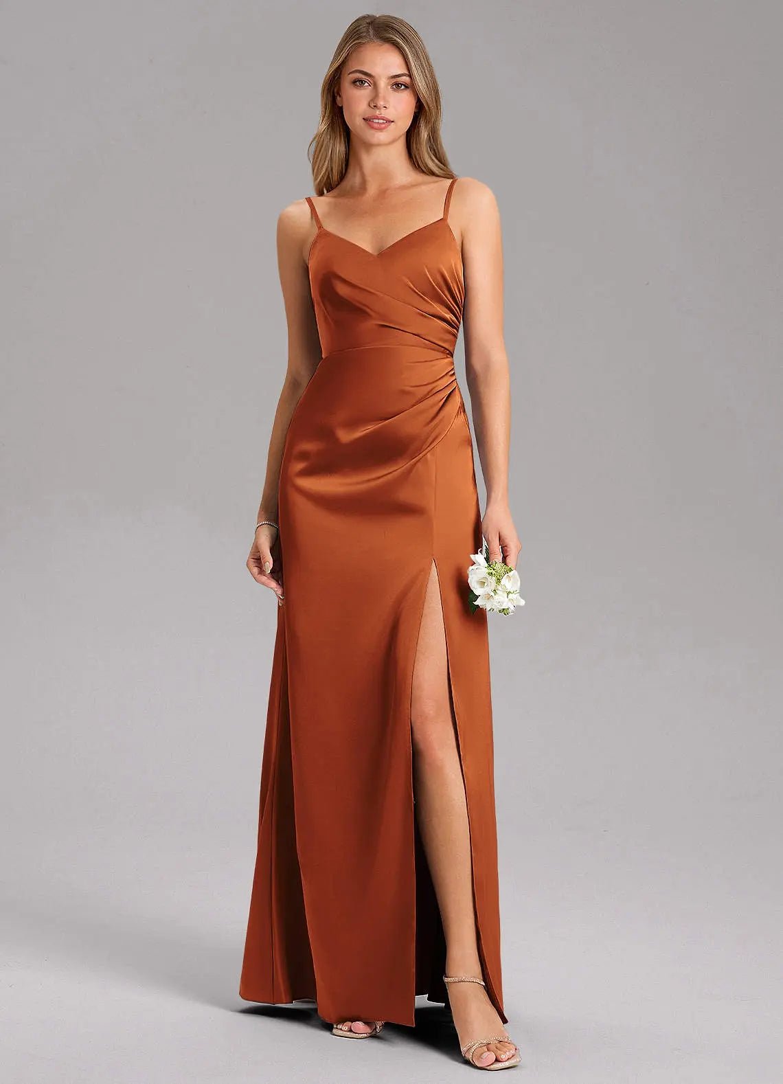 Azuree A-Line V-Neck Stretch Satin Bridesmaid Dress in Cinnamon