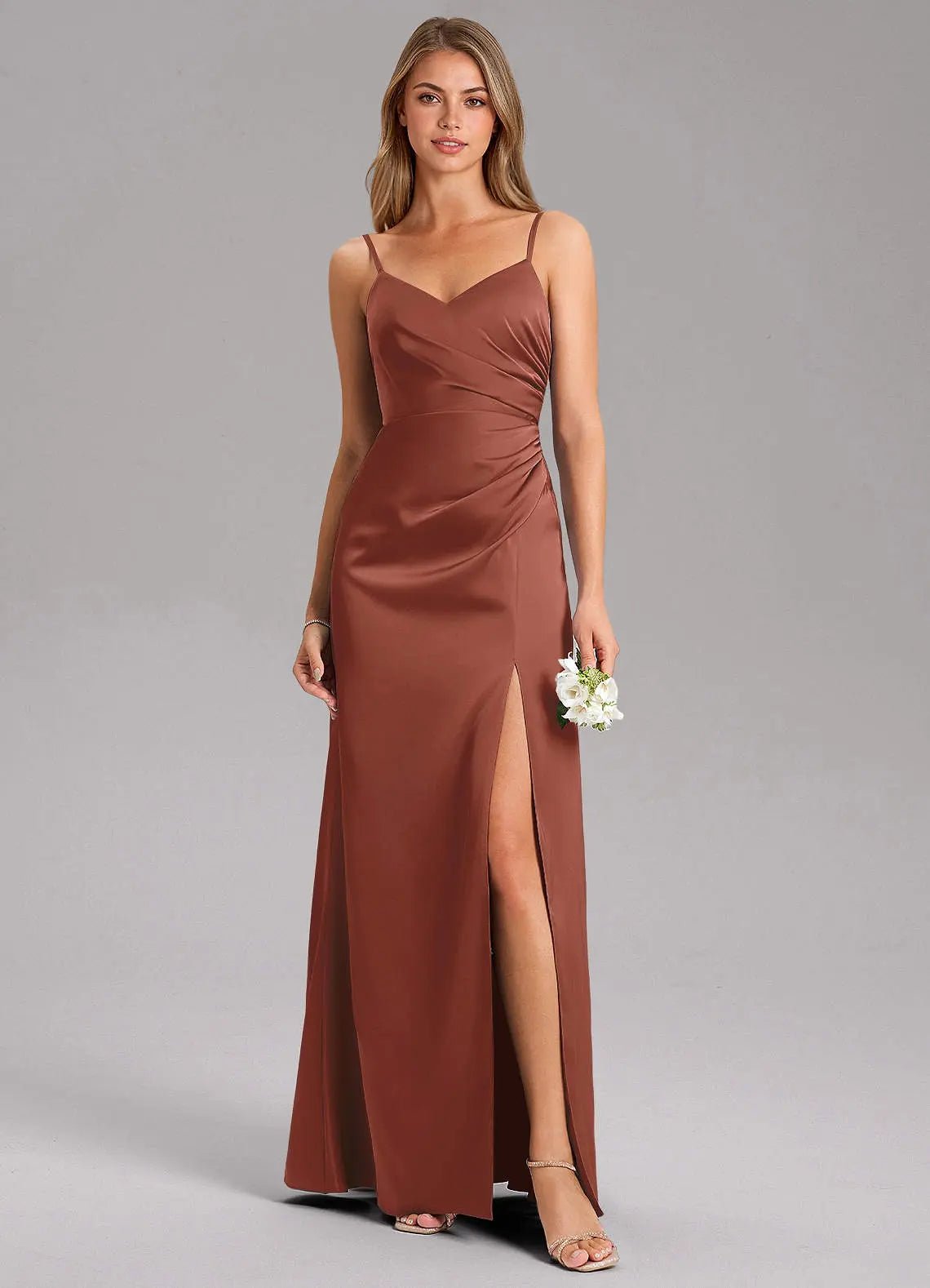 Azuree A-Line V-Neck Stretch Satin Bridesmaid Dress in Auburn