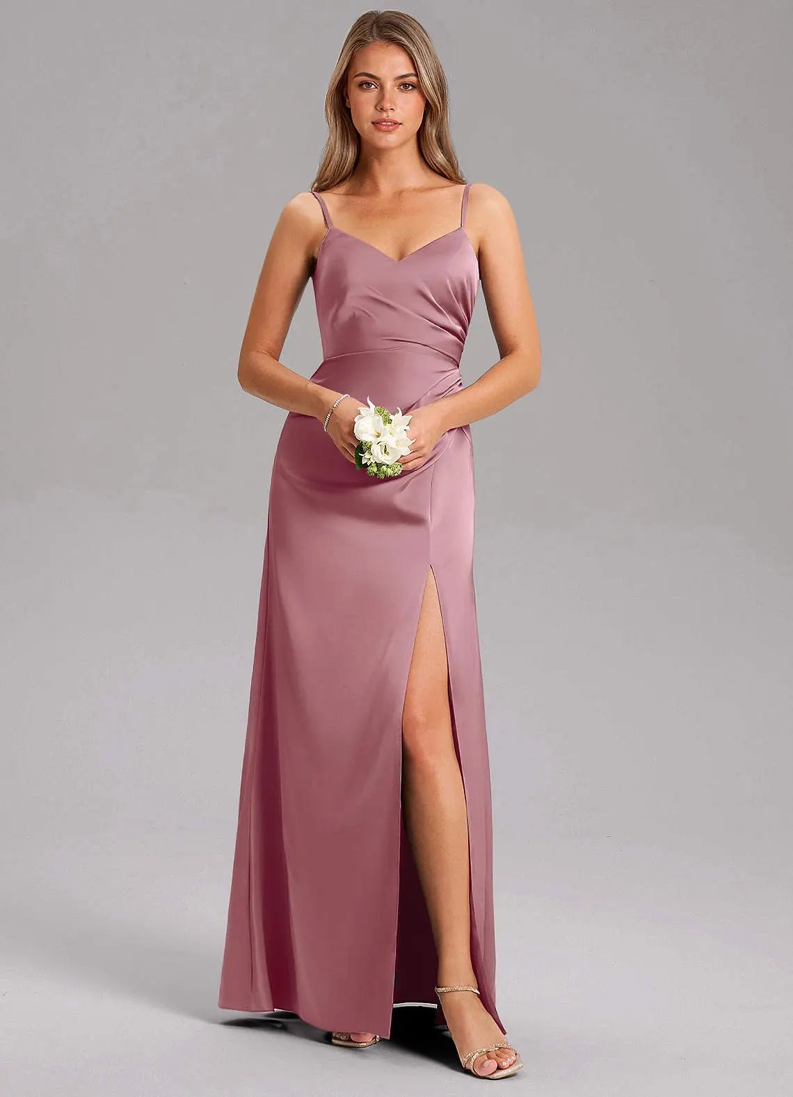 Azuree A-Line V-Neck Stretch Satin Bridesmaid Dress in Amethyst