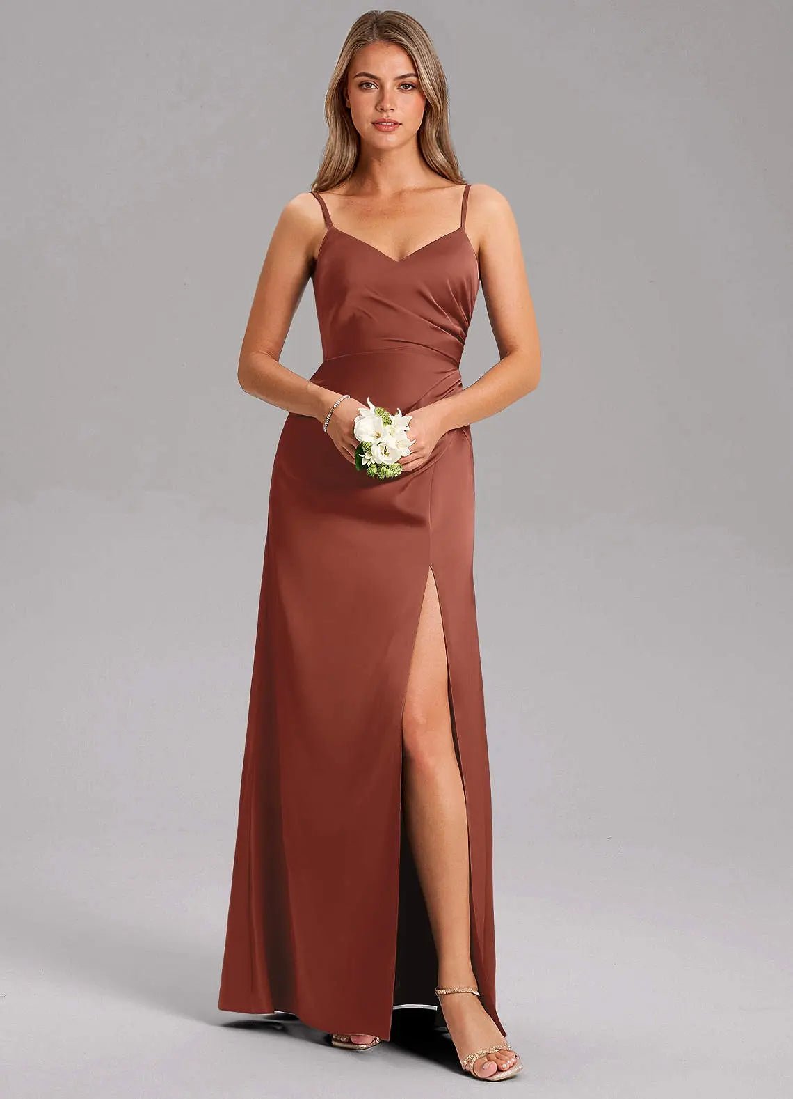 Azuree A-Line V-Neck Stretch Satin Bridesmaid Dress in Auburn