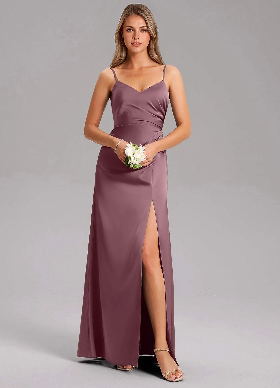 Azuree A-Line V-Neck Stretch Satin Bridesmaid Dress in Desert Rose
