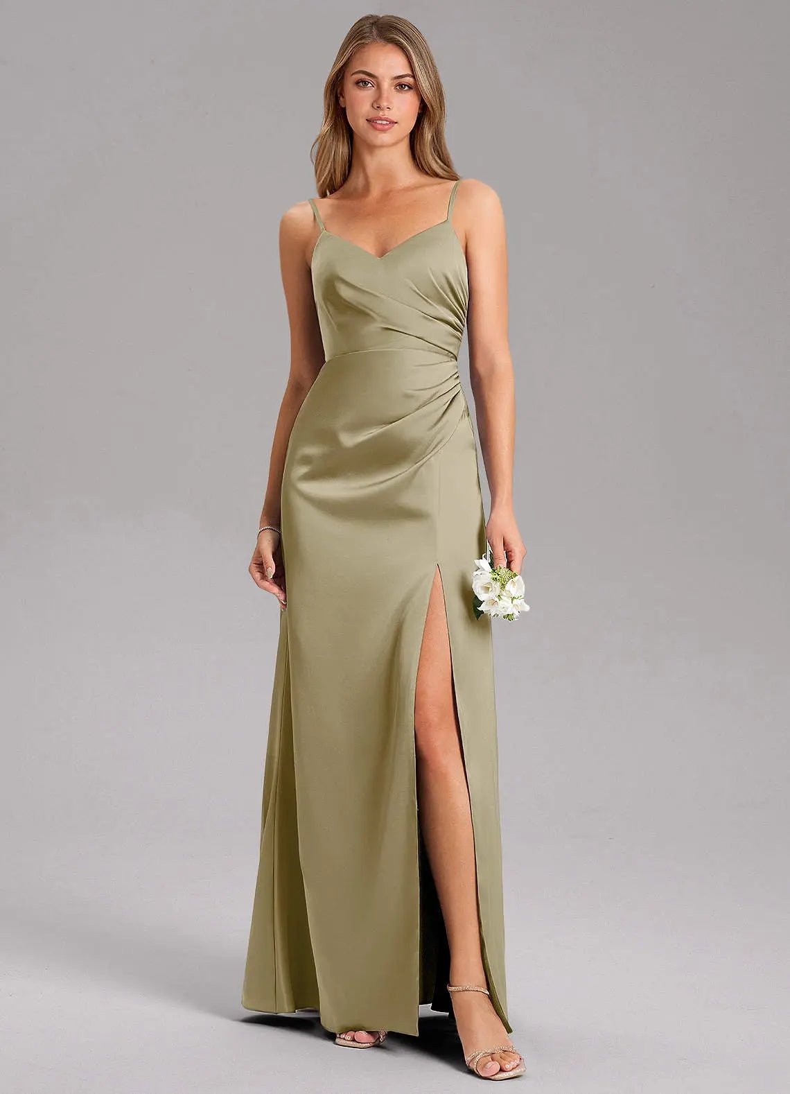 Azuree A-Line V-Neck Stretch Satin Bridesmaid Dress in Agave