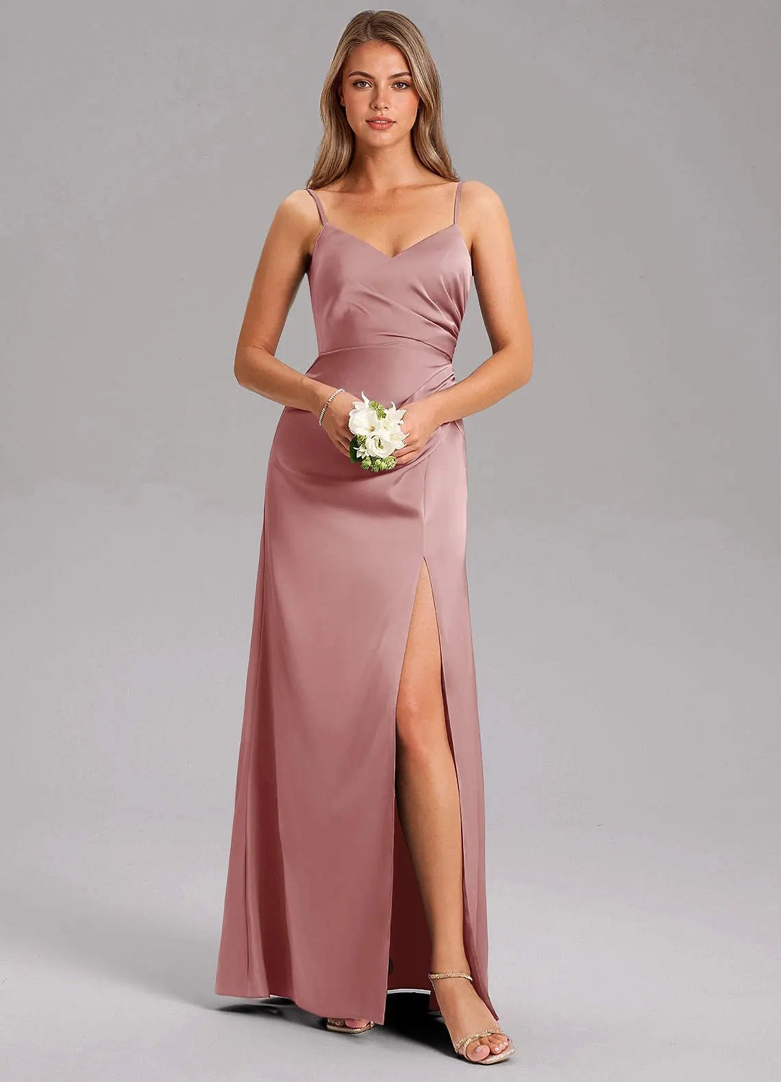 Azuree A-Line V-Neck Stretch Satin Bridesmaid Dress in dusty rose