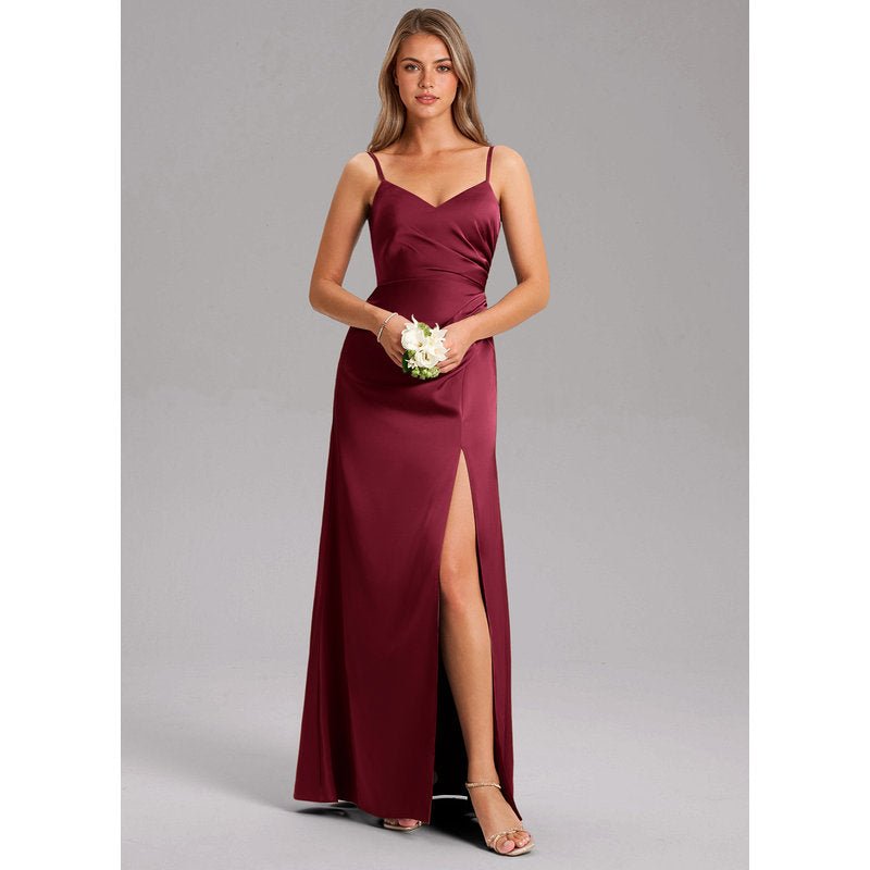 Waverly A-Line V-Neck Stretch Satin Bridesmaid Dress in Burgundy - gallery 2