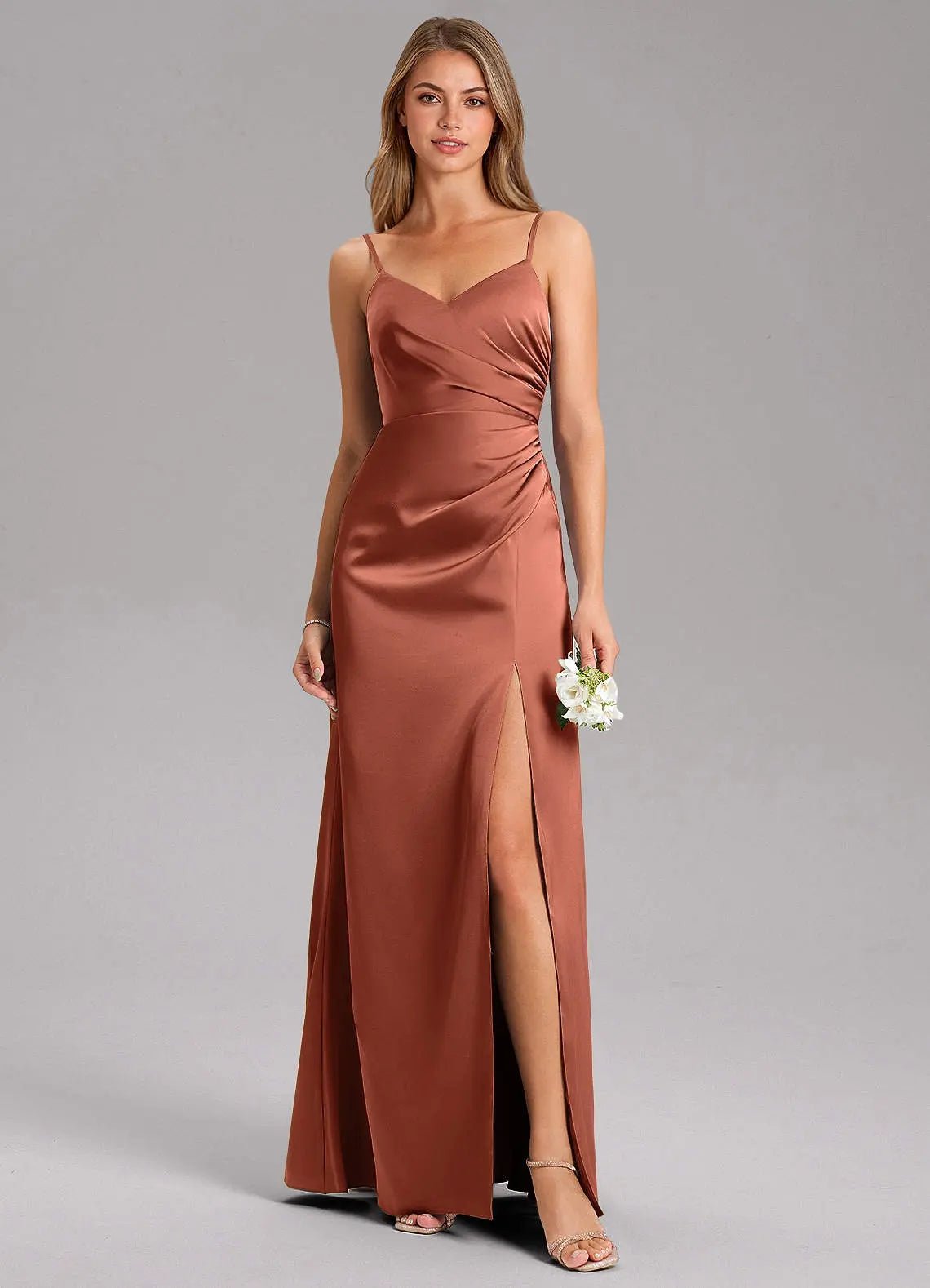 Azuree A-Line V-Neck Stretch Satin Bridesmaid Dress in Clay