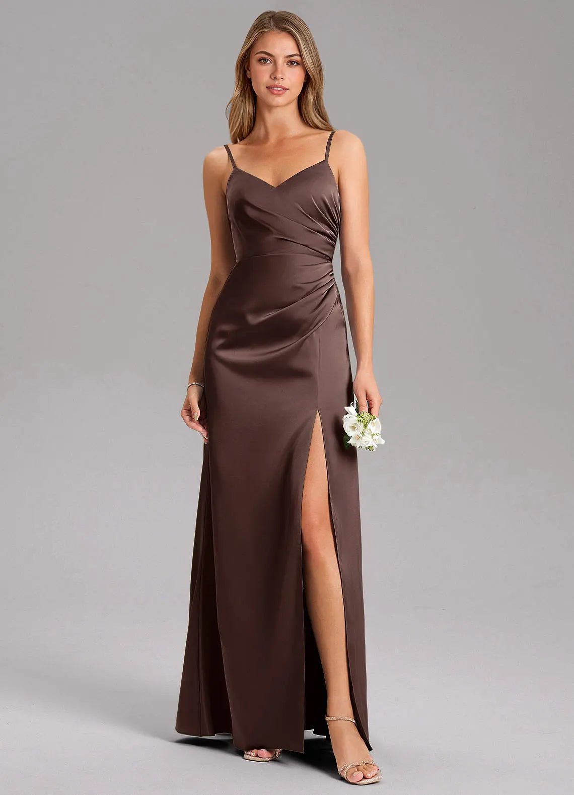 Azuree A-Line V-Neck Stretch Satin Bridesmaid Dress in Ganache