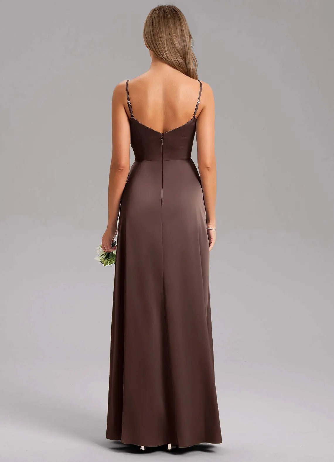 Azuree A-Line V-Neck Stretch Satin Bridesmaid Dress in Ganache