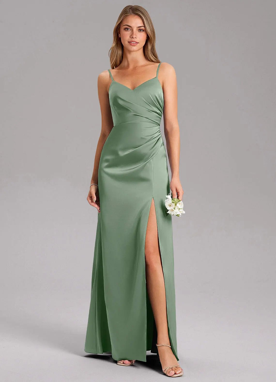 Azuree A-Line V-Neck Stretch Satin Bridesmaid Dress in Eucalyptus