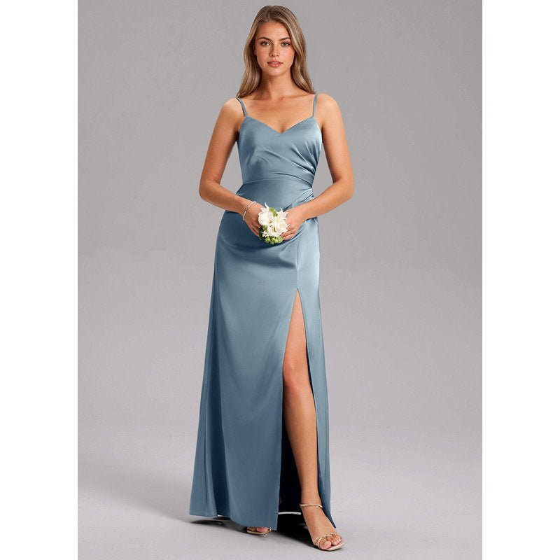 Waverly A-Line V-Neck Stretch Satin Bridesmaid Dress in dusty blue - gallery 2