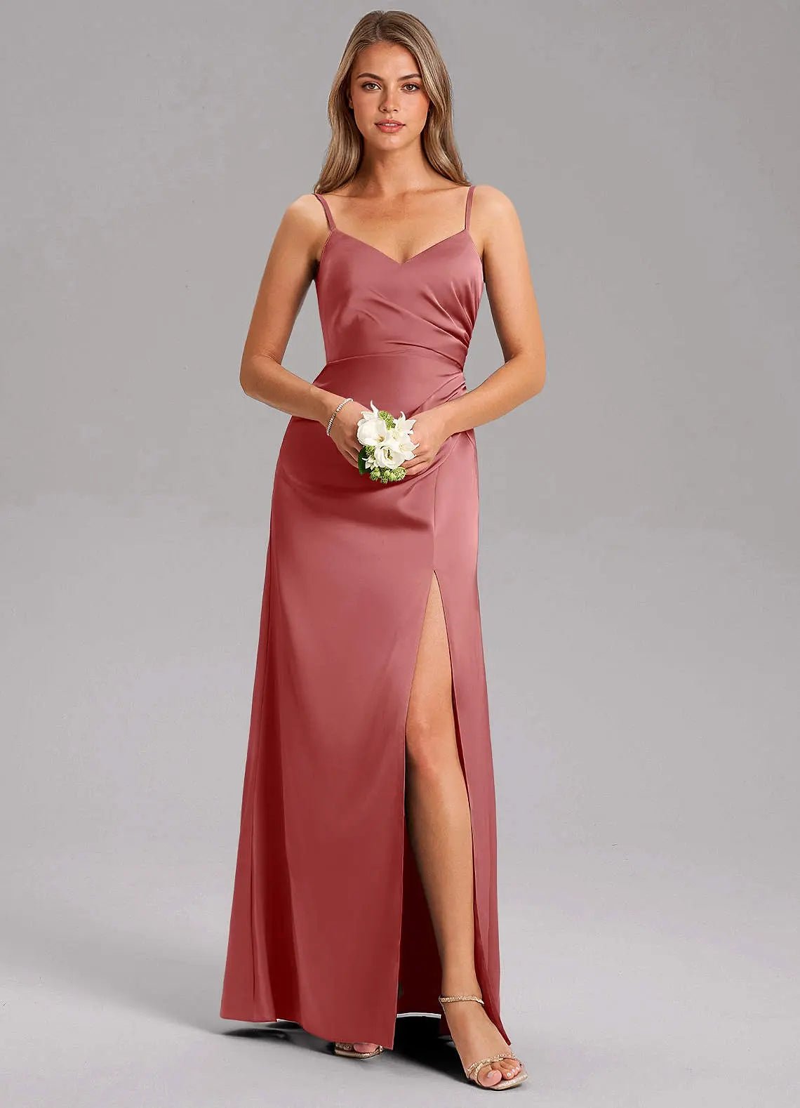 Azuree A-Line V-Neck Stretch Satin Bridesmaid Dress in Antique Rose