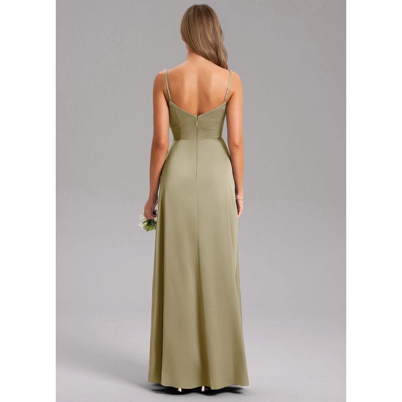 Waverly A-Line V-Neck Stretch Satin Bridesmaid Dress in Moss Green - gallery 1