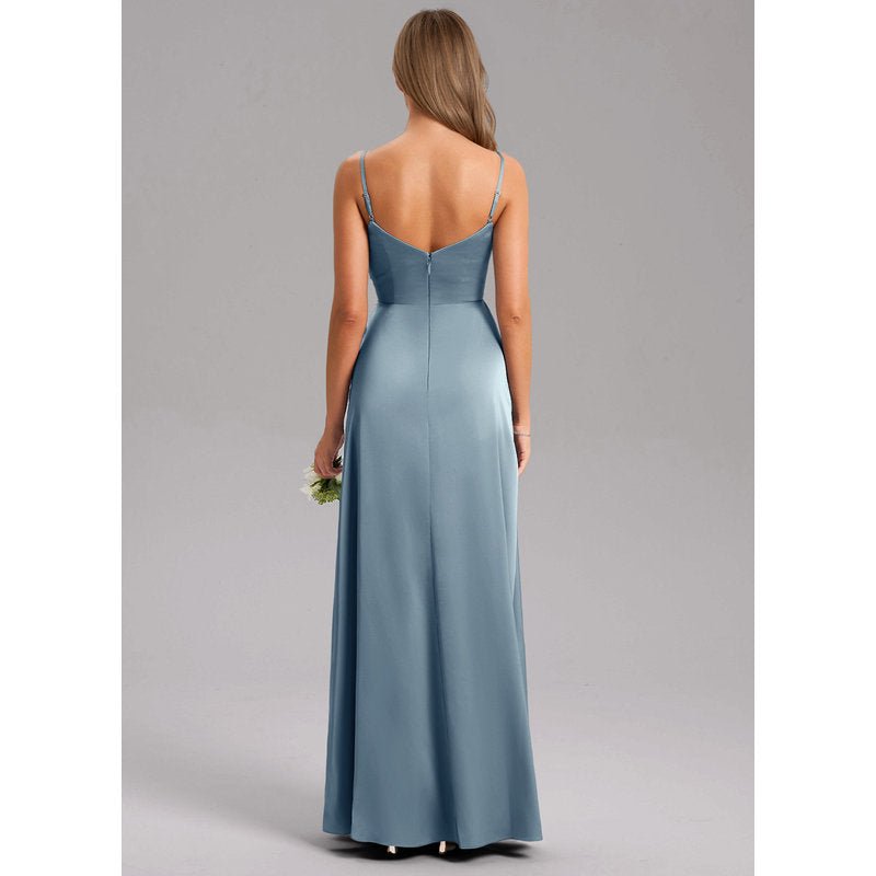 Waverly A-Line V-Neck Stretch Satin Bridesmaid Dress in dusty blue - gallery 1