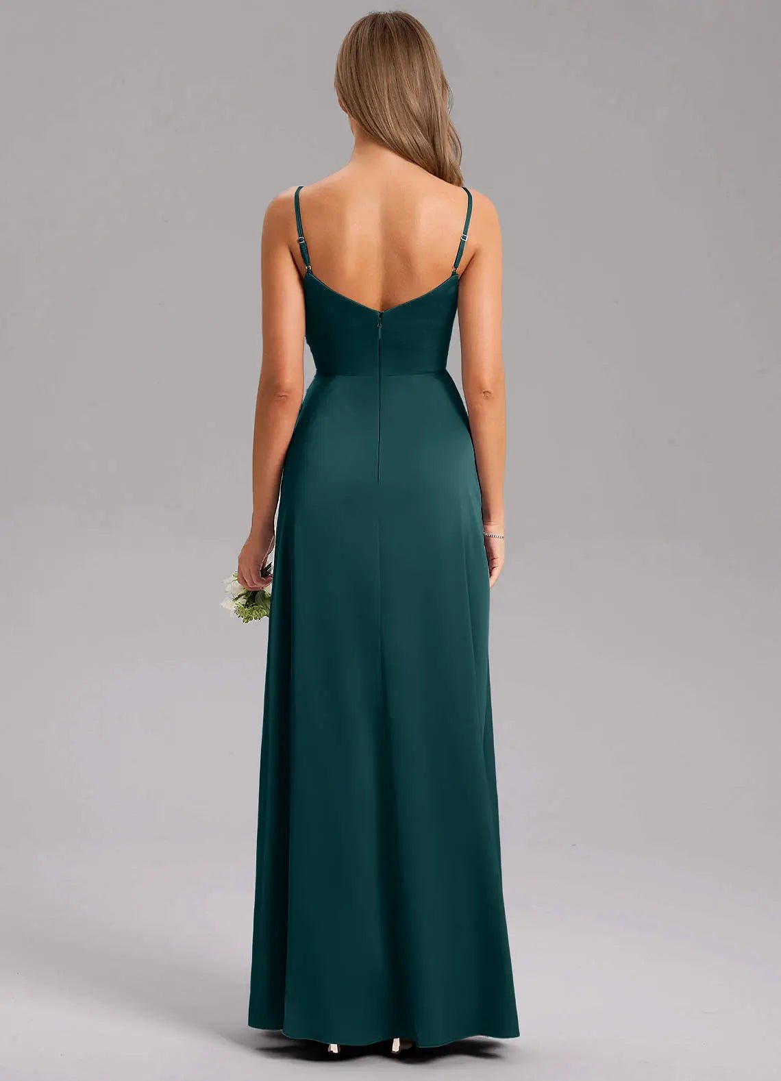 Azuree A-Line V-Neck Stretch Satin Bridesmaid Dress in Pine