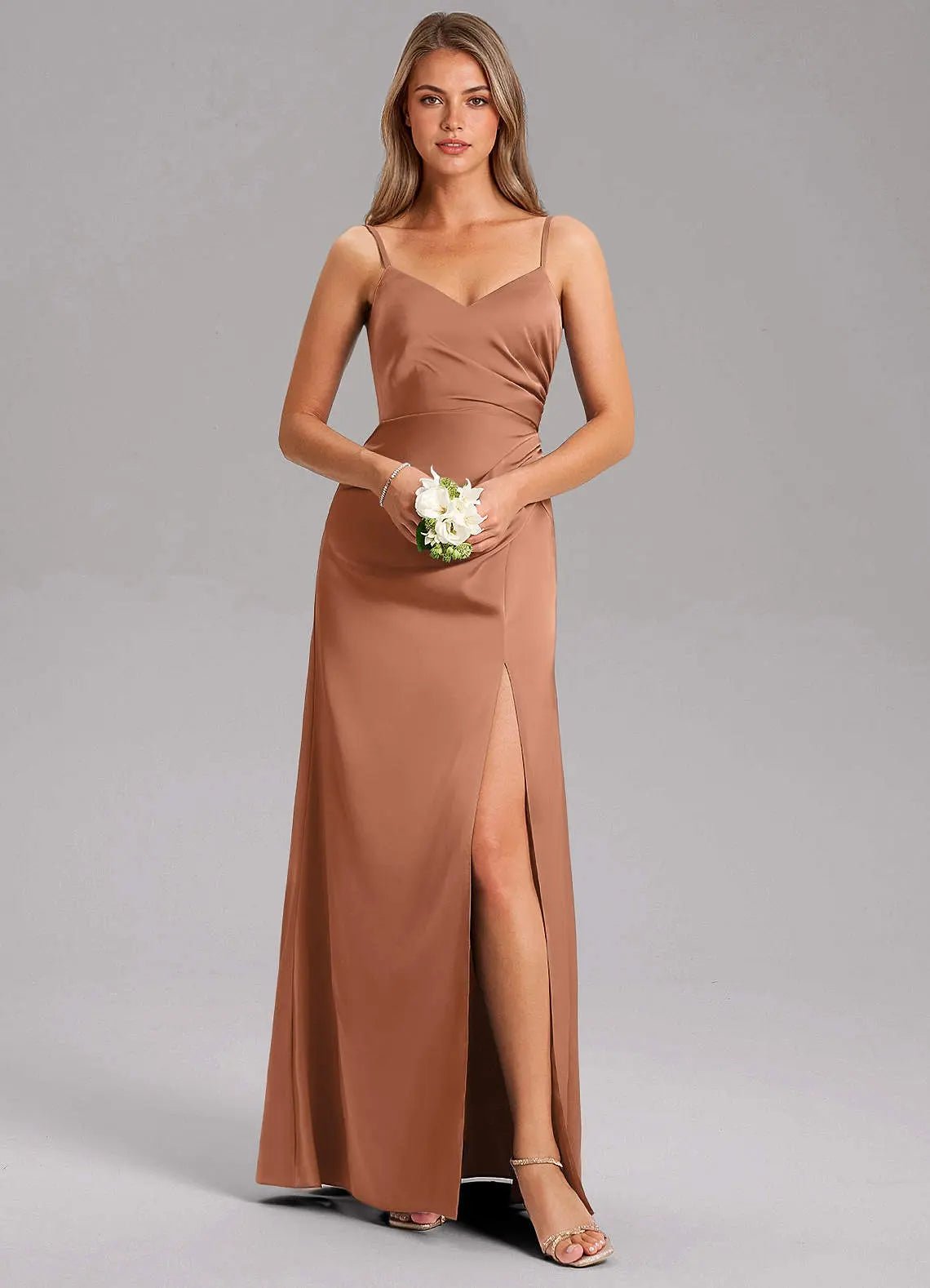 Azuree A-Line V-Neck Stretch Satin Bridesmaid Dress in Bronzer