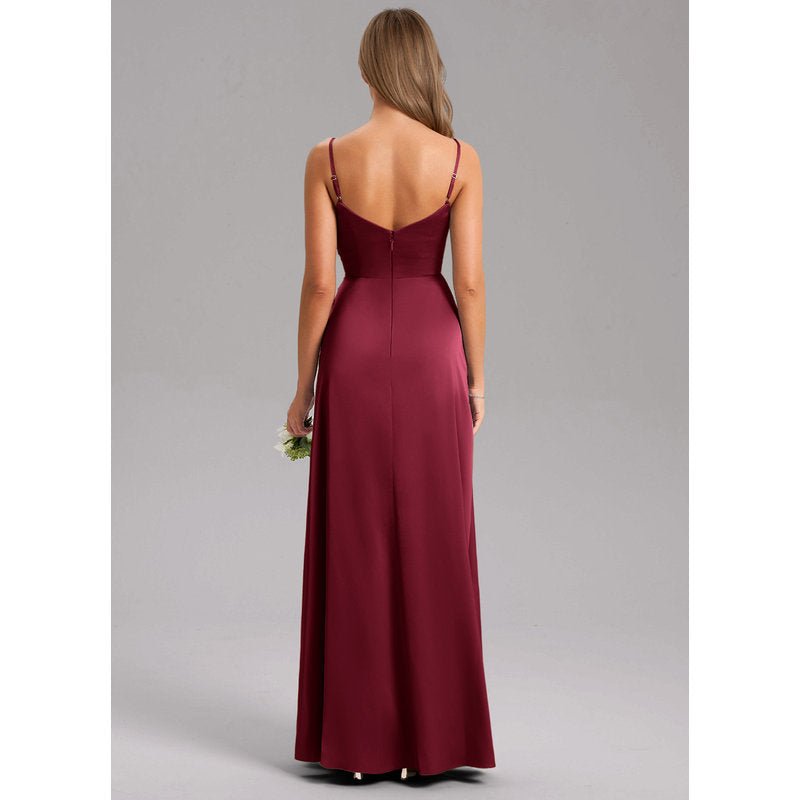 Waverly A-Line V-Neck Stretch Satin Bridesmaid Dress in Burgundy - gallery 1