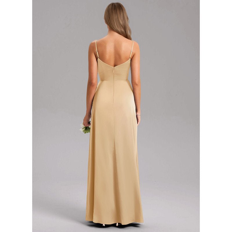 Waverly A-Line V-Neck Stretch Satin Bridesmaid Dress in Gold - gallery 1