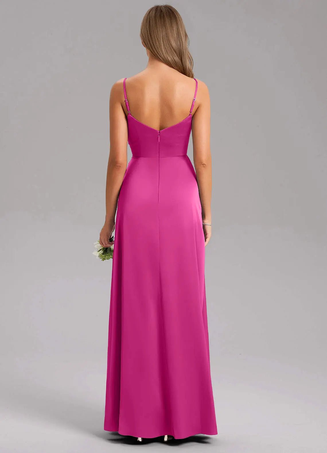 Azuree A-Line V-Neck Stretch Satin Bridesmaid Dress in Fuchsia
