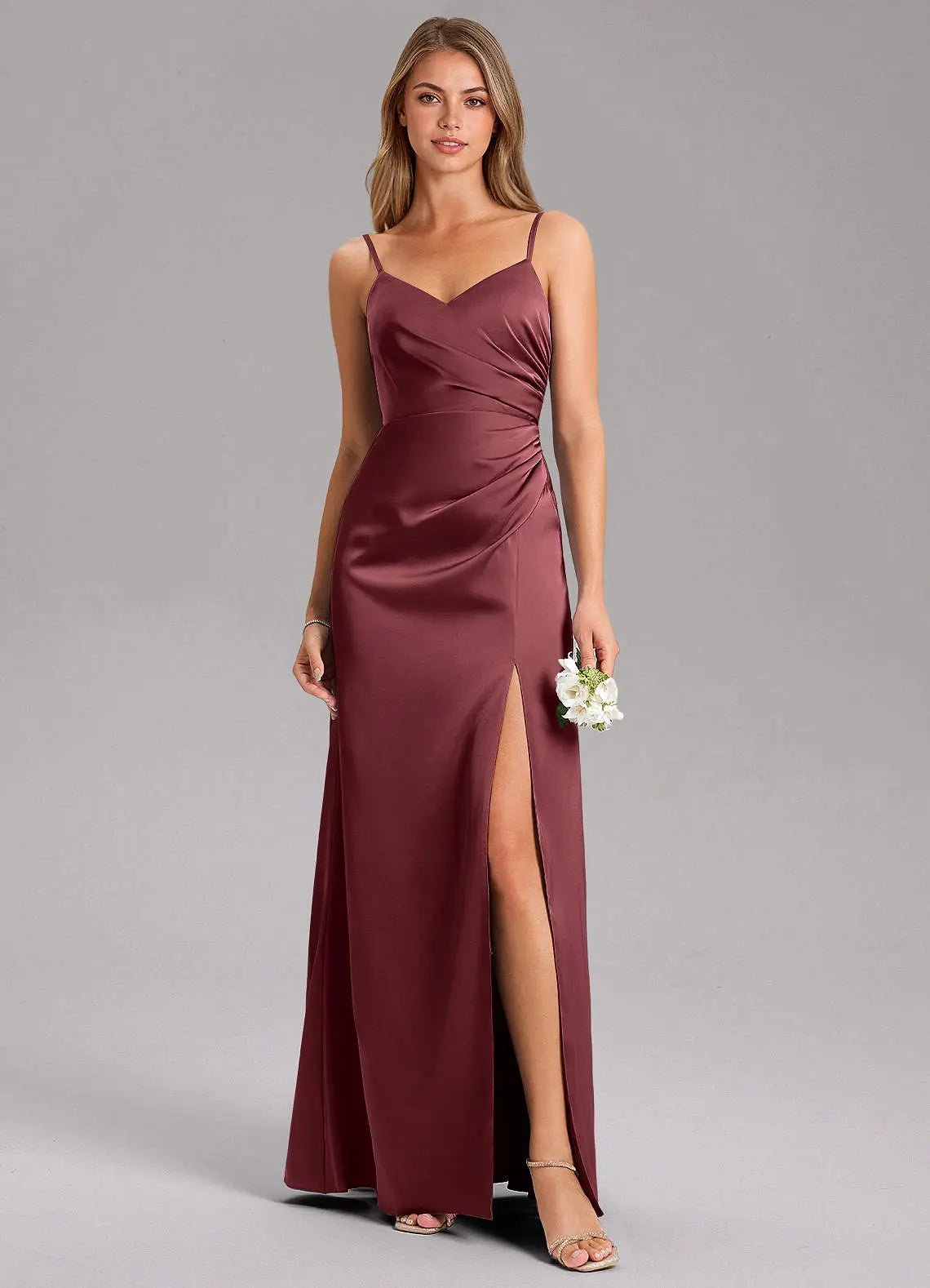 Azuree A-Line V-Neck Stretch Satin Bridesmaid Dress in Merlot