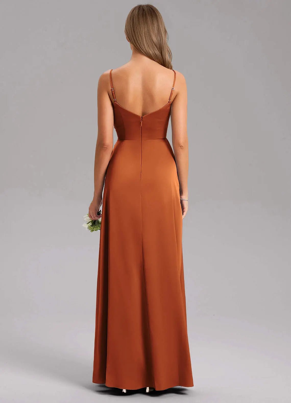 Azuree A-Line V-Neck Stretch Satin Bridesmaid Dress in Cinnamon