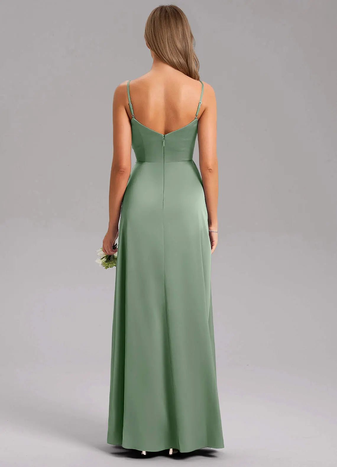 Azuree A-Line V-Neck Stretch Satin Bridesmaid Dress in Eucalyptus