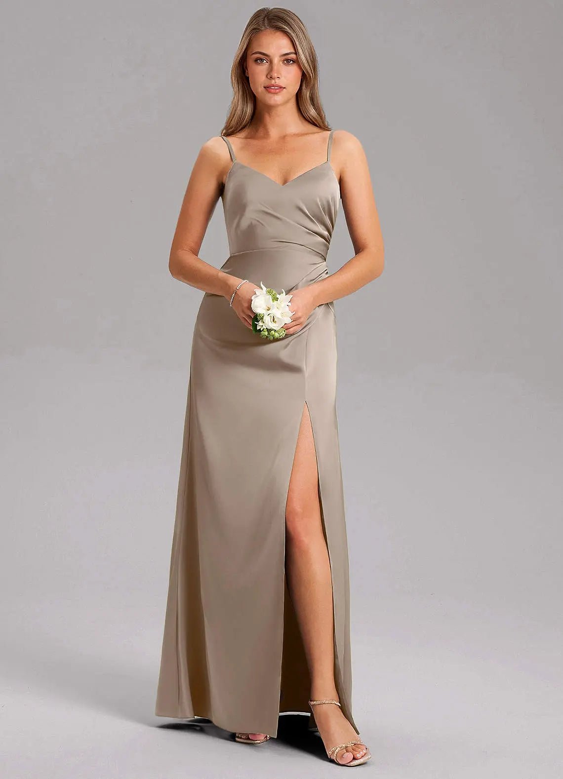 Azuree A-Line V-Neck Stretch Satin Bridesmaid Dress in Taupe