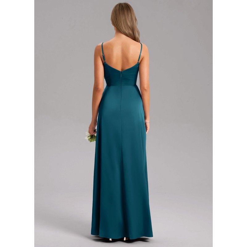 Waverly A-Line V-Neck Stretch Satin Bridesmaid Dress in Ink Blue - gallery 1