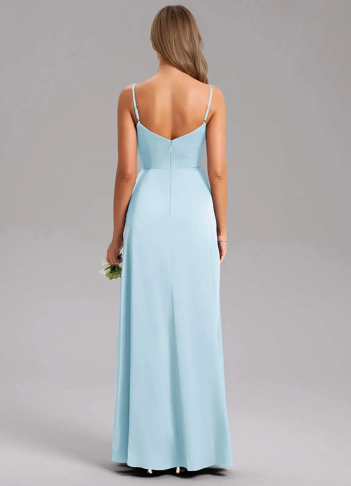 Azuree A-Line V-Neck Stretch Satin Bridesmaid Dress in Sky Blue