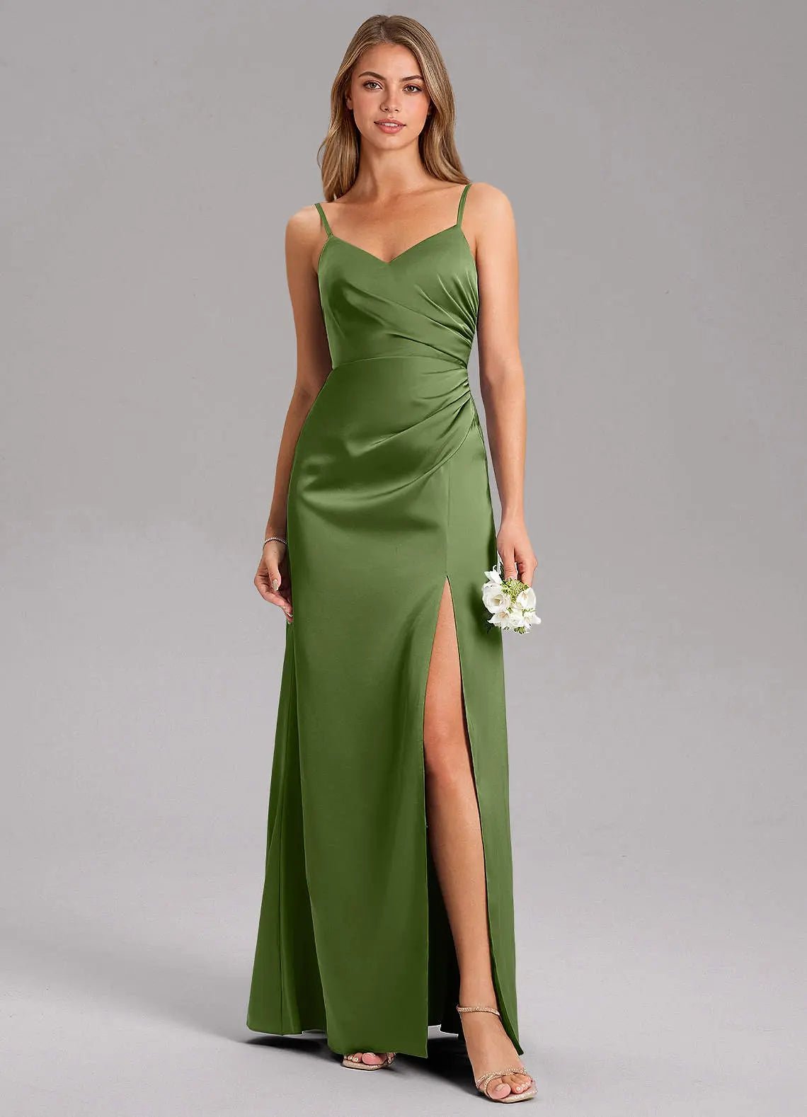 Azuree A-Line V-Neck Stretch Satin Bridesmaid Dress in Juniper