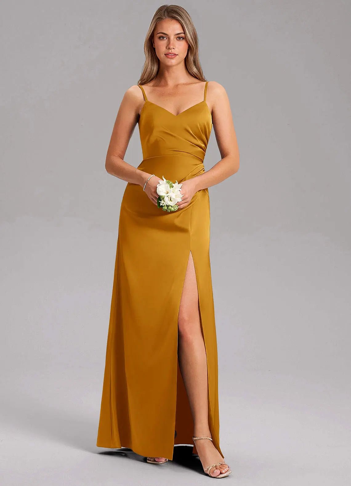 Azuree A-Line V-Neck Stretch Satin Bridesmaid Dress in butterscotch
