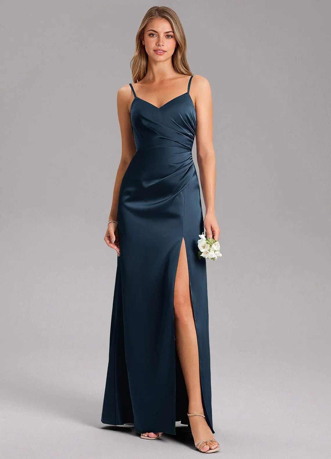 Azuree A-Line V-Neck Stretch Satin Bridesmaid Dress in Dark Navy
