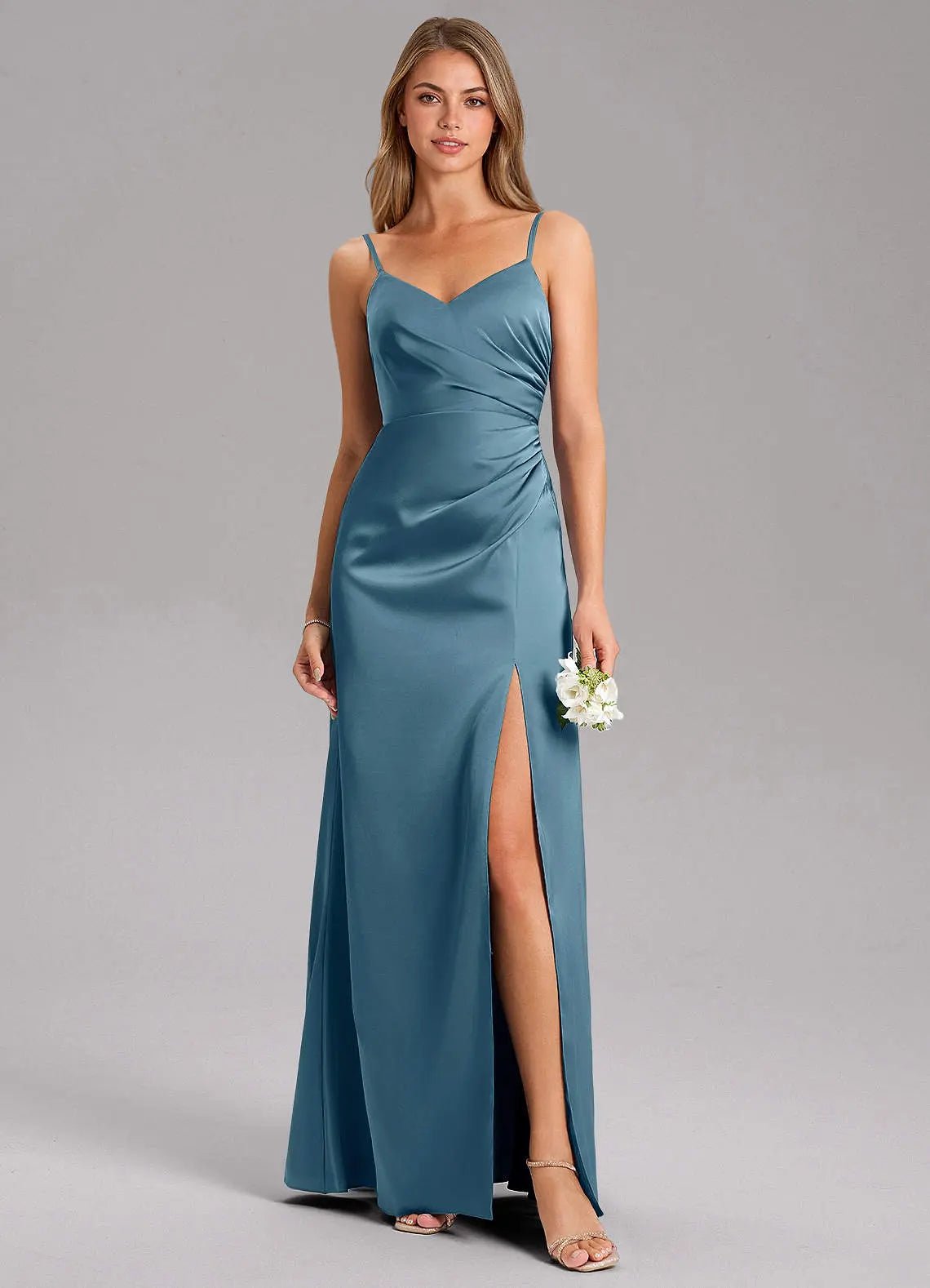 Azuree A-Line V-Neck Stretch Satin Bridesmaid Dress in Bermuda